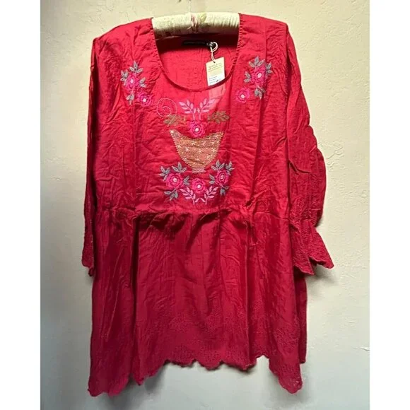 Gudrun Sjoden Okarina Eco-Cotton Blouse Womens XL Cranberry Red Lagenlook New